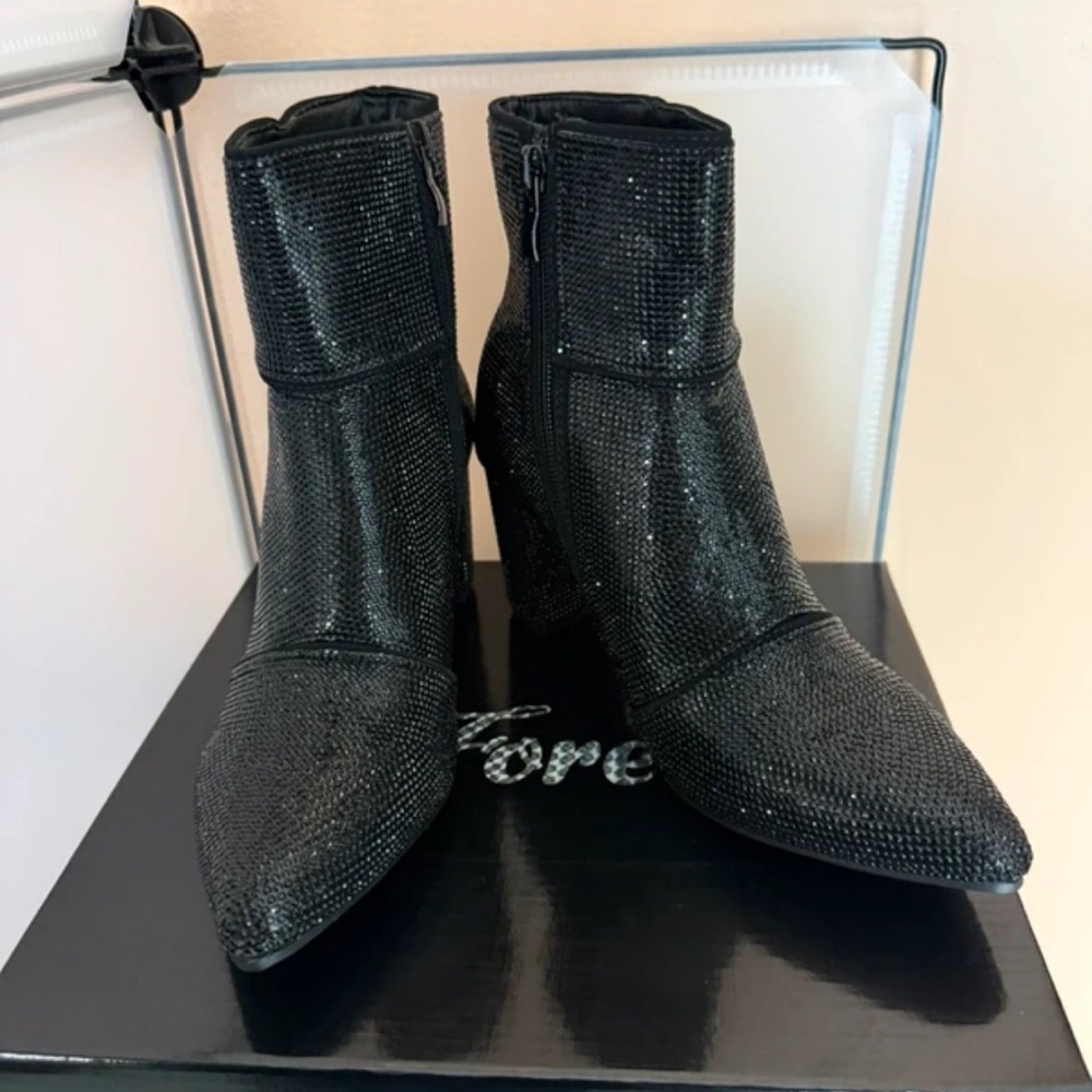 Forever Link Black Rhinestone Pointed Ankle Booties
